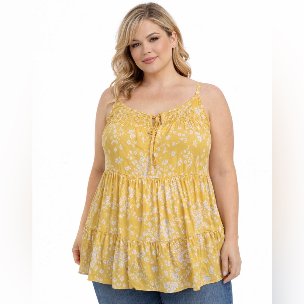 Torrid Yellow Floral Smocked Tank Top Size 00 Boho Cottagecore Peplum